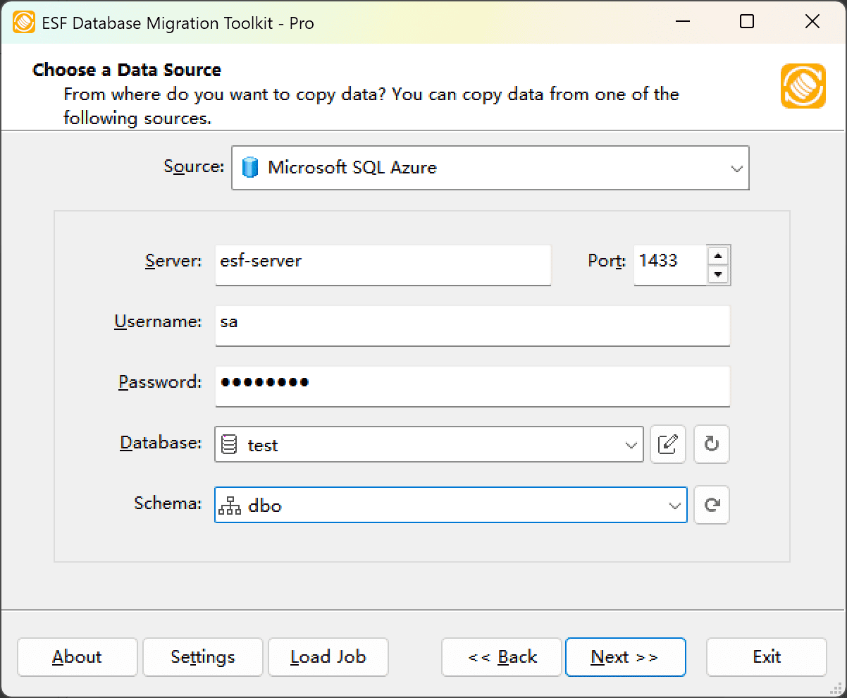 SQL Azure connection dialog showing server configuration and refresh controls