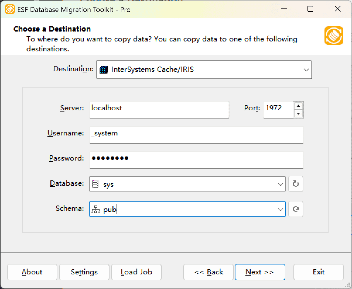"Choose a Destination"" dialog showing InterSystems Cache configuration with server fields and refresh button