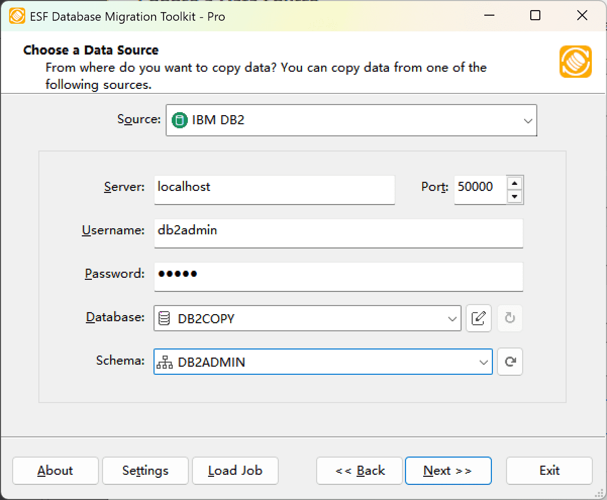 IBM DB2 connection dialog showing server configuration, database combobox and schema controls
