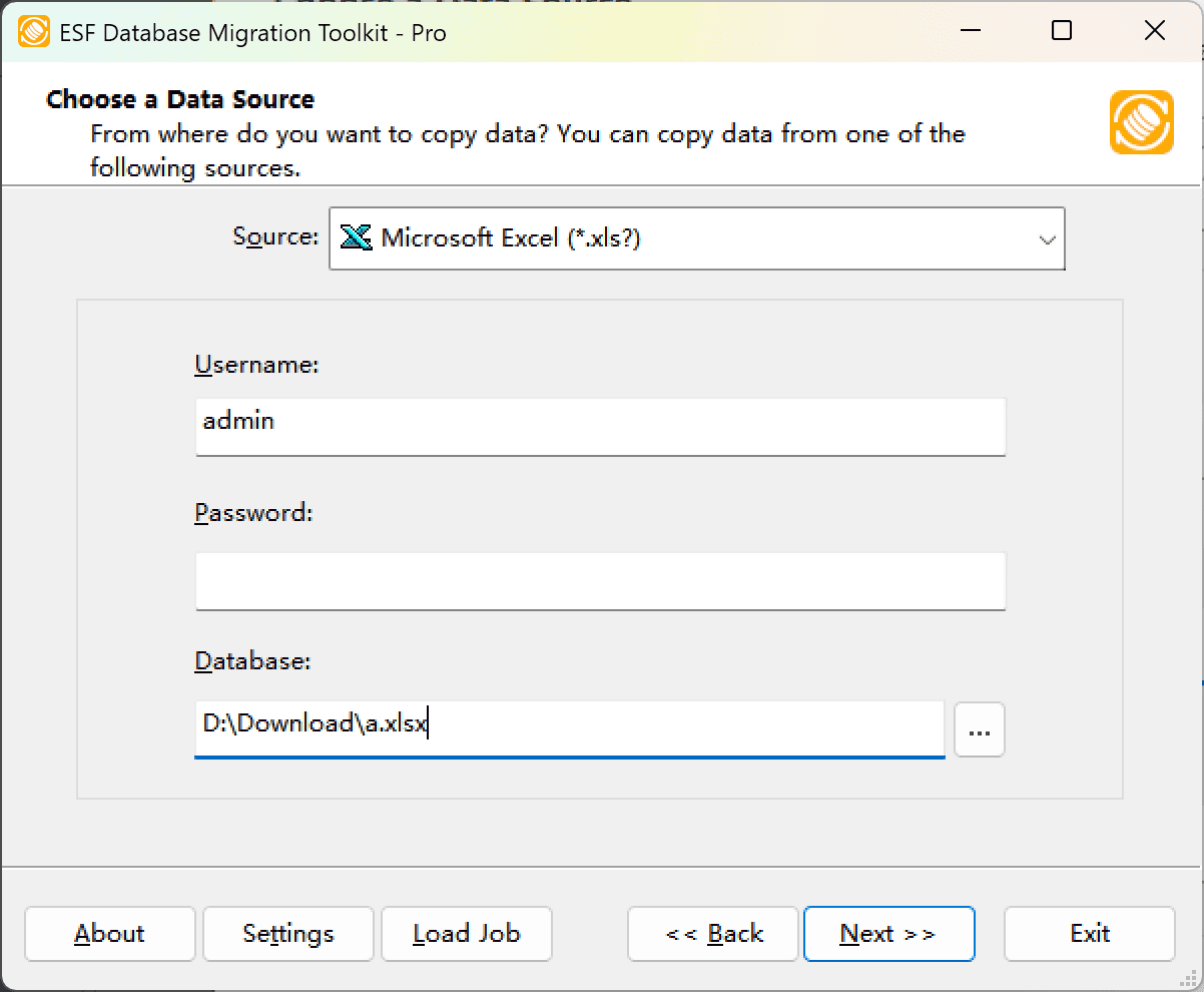 "Choose a Data Source" dialog showing Microsoft Excel option and file browser interface