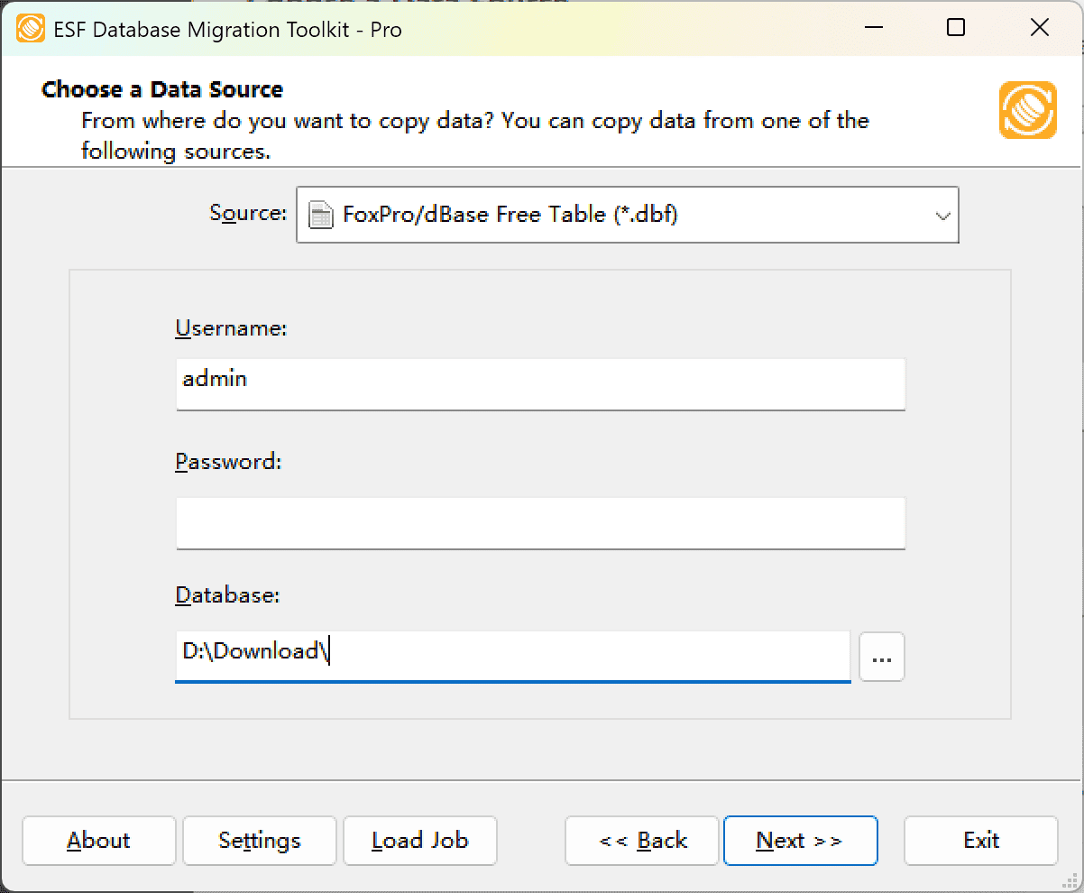"Choose a Data Source" dialog showing FoxPro/dBase Free Table (*.dbf) option