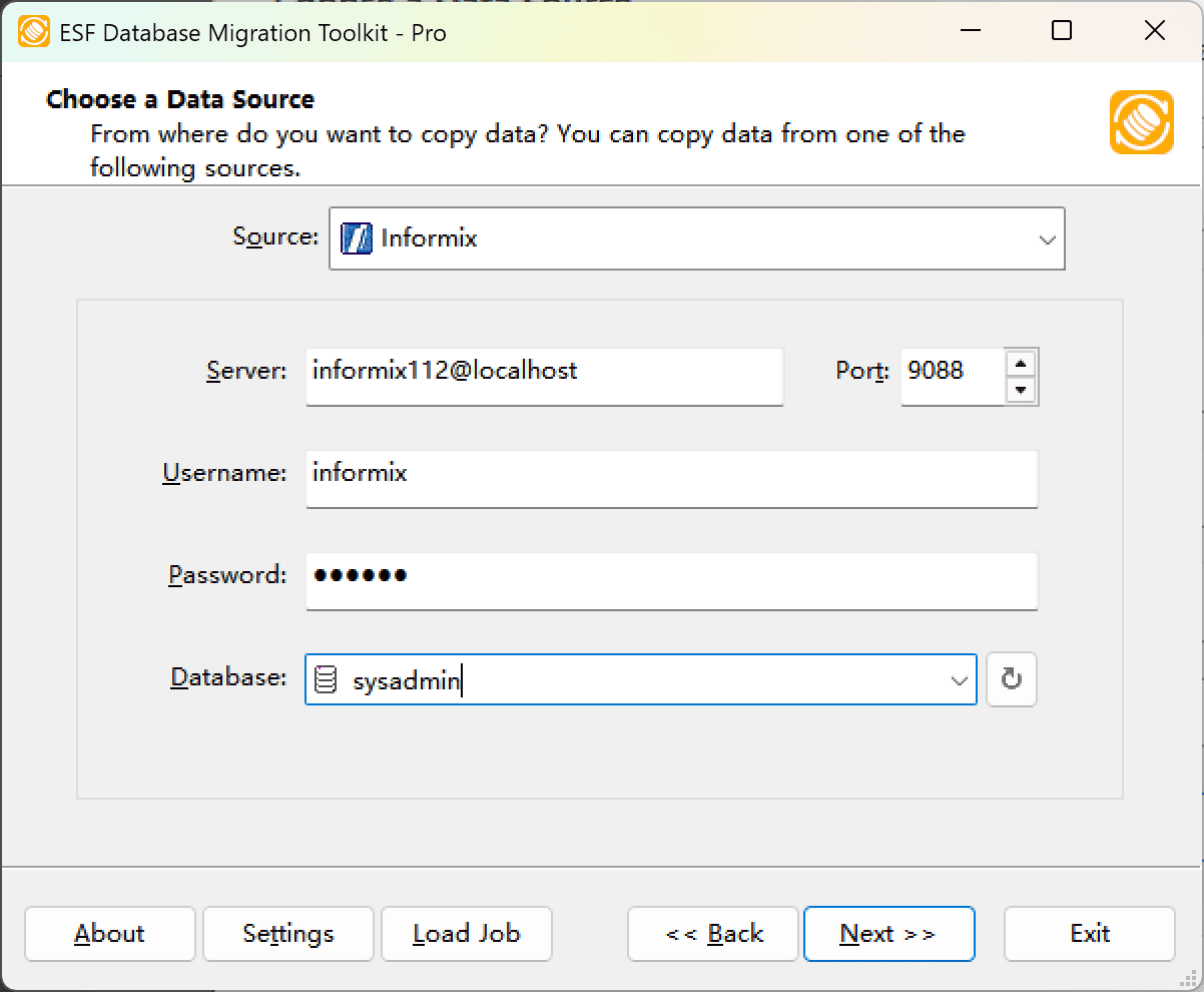 Informix connection dialog showing server configuration, authentication fields, and refresh button