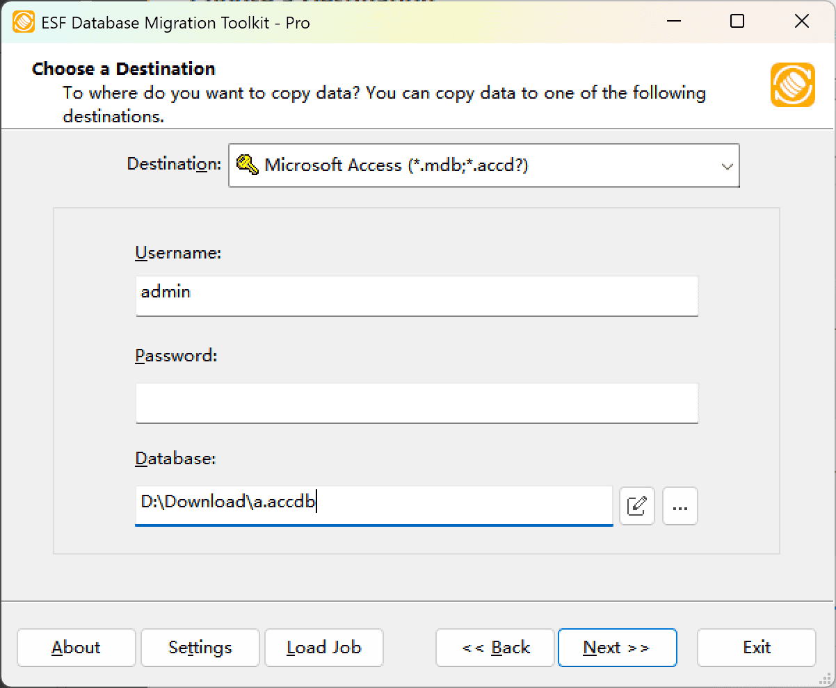 "Choose a Destination" dialog showing Microsoft Access option, file browser, and lock button