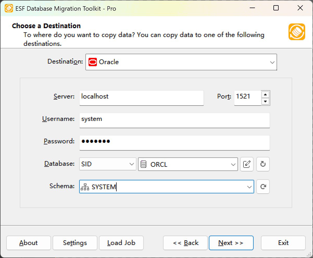 "Choose a Destination" dialog showing Oracle configuration with server details, logon methods, and schema options