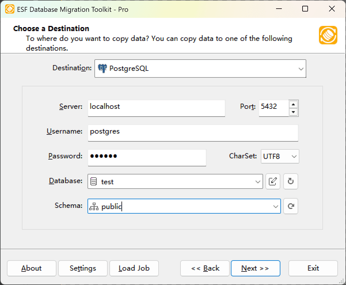 "Choose a Destination" dialog showing PostgreSQL configuration options including server settings, character set selection, and schema controls