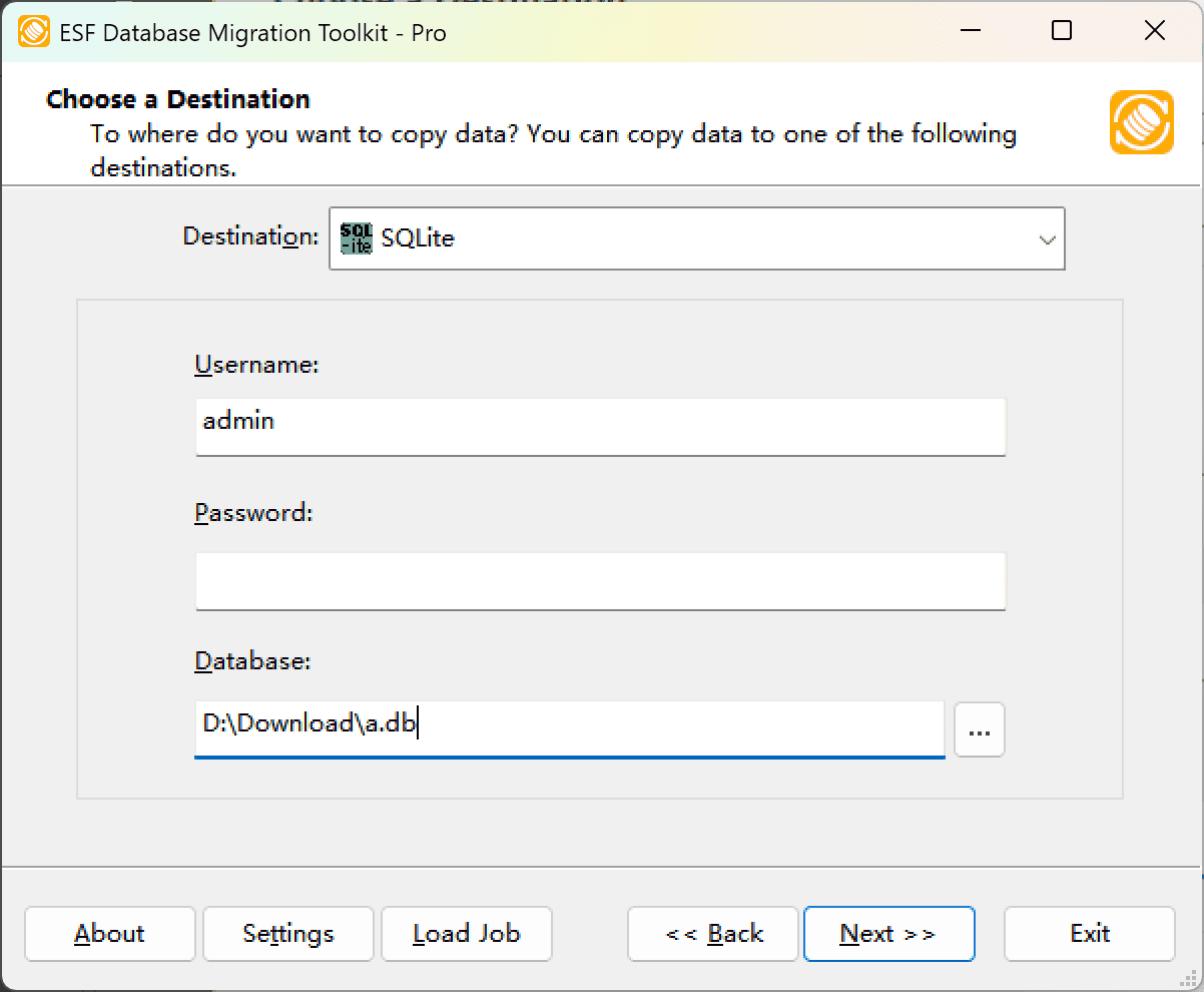 "Choose a Destination" dialog showing SQLite option and file browser interface