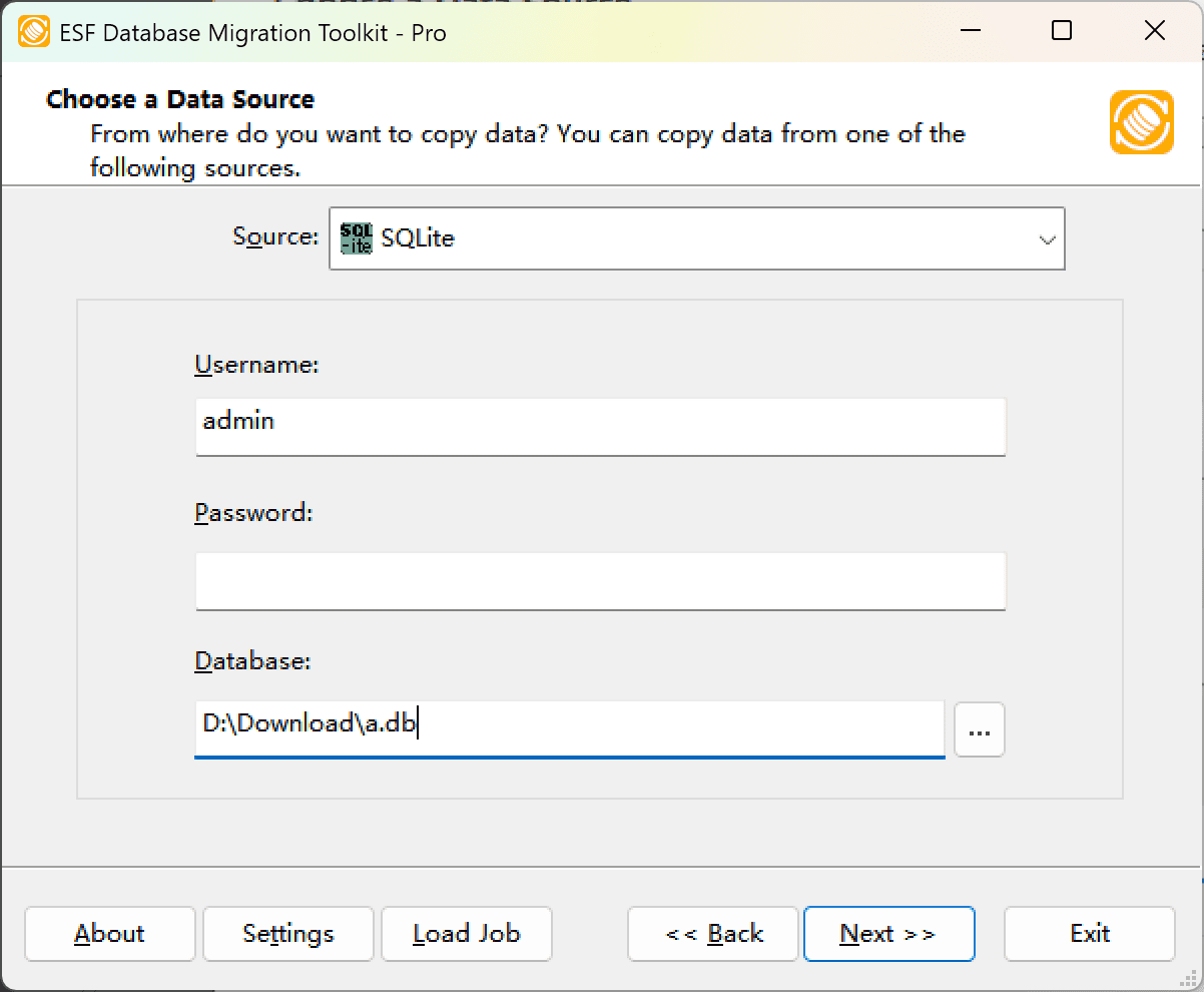 "Choose a Data Source" dialog showing SQLite option and file browser interface
