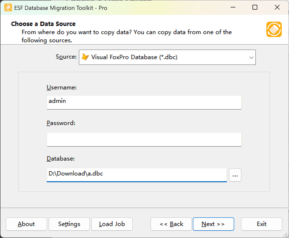 "Choose a Data Source" dialog showing Visual FoxPro Database (*.dbc) option